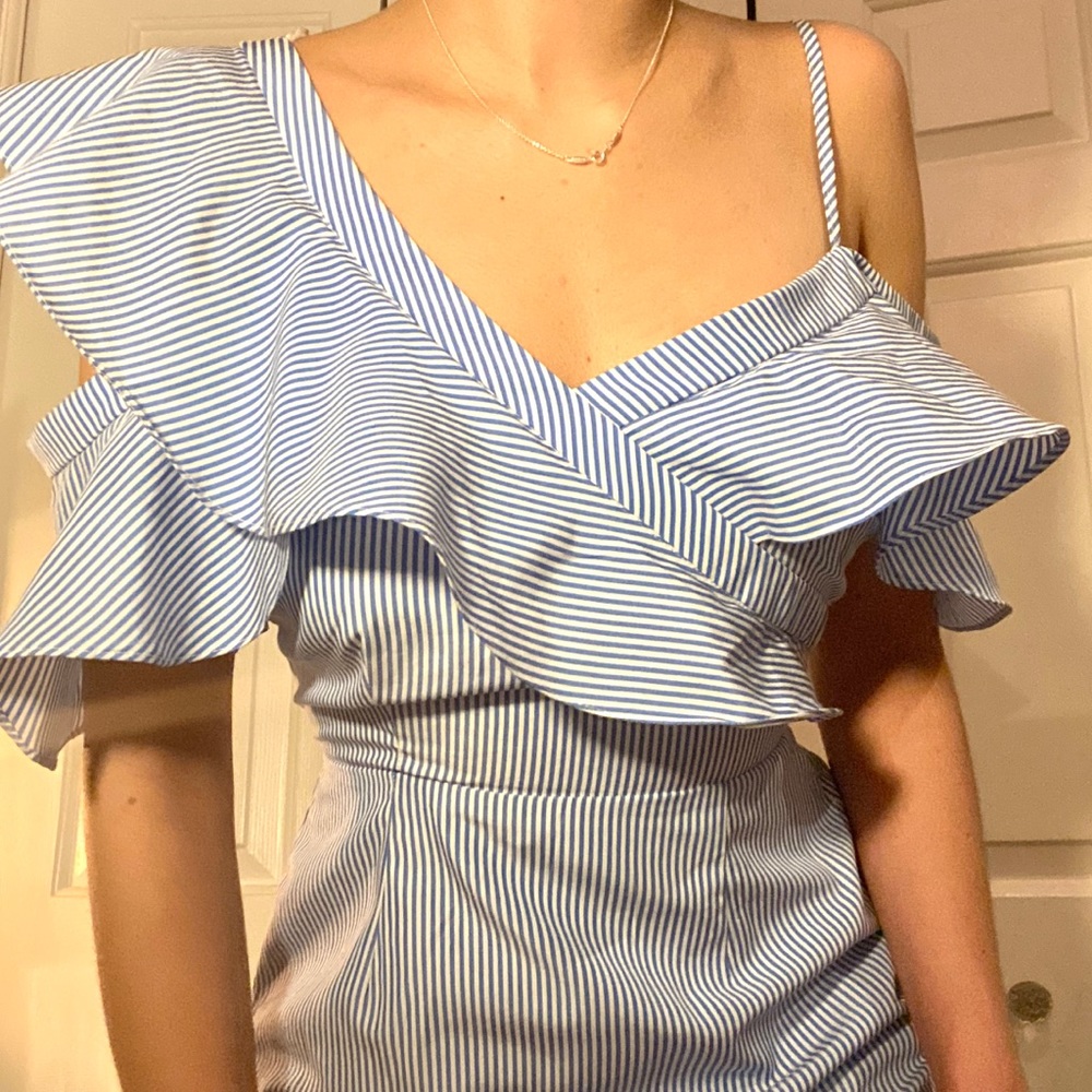blue//white stripe one shoulder dress